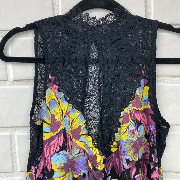 Free People Marsha Printed Lace Neck Onyx Combo Black High Neck Floral Dress XS - Picture 7 of 11